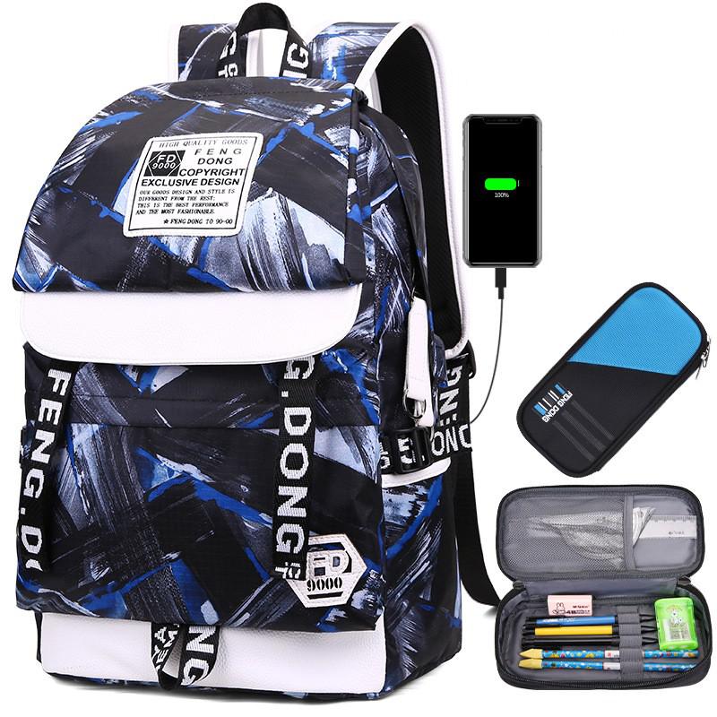 Geometric Print Men Backpack 15.6 Inch Laptop Backpacks Large Capacity Travel Backbag School Bags For Teenager Boys Mochila: Blue Sets