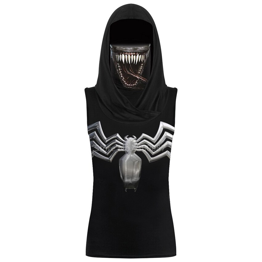 Summer Halloween Skeleton Print Cosplay Costume Women Hooded Tank Top Ear Hanging Mask Scary Horror Carnival Party Sleeveless