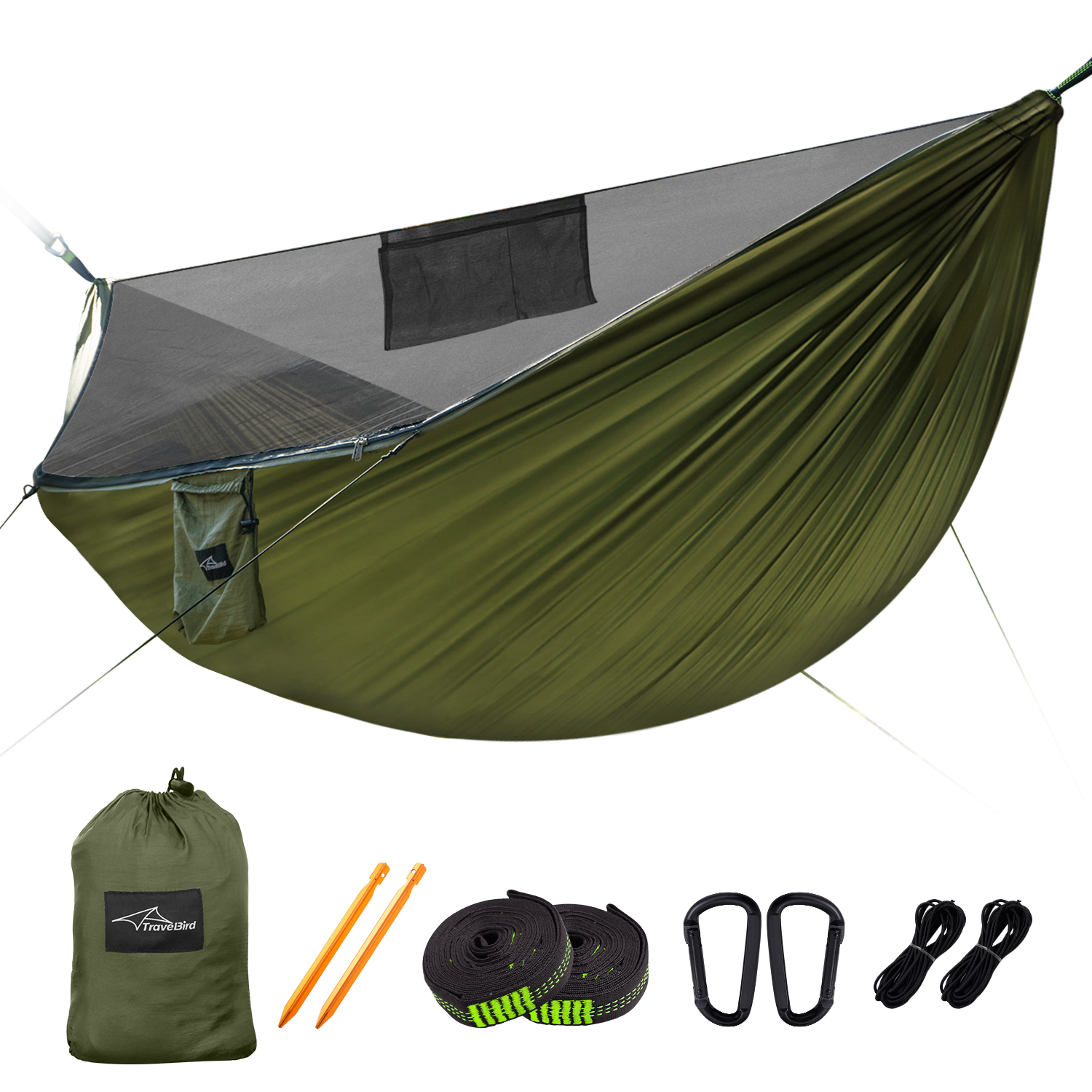 Ultraleichte Outdoor-Hängematte mit Ridgeline, Camping-Hängematte aus Nylon mit Baumgurt, ideal für Camping, Wandern, Rucksackreisen: Armee Grün