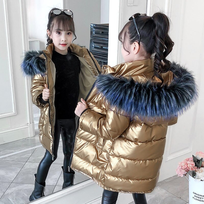 Drenge pige vinter parka jakke frakke med pels hætte luksus bomuldspolstret pige overtøj 4-13 år børn vandtæt hættetrøjer outfit