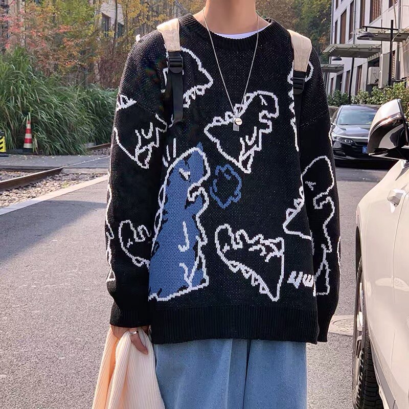 Suéter de punto Harajuku, ropa de calle con dibujo de dinosaurio de dibujos animados, ropa informal estilo Hip Hop, Tops informales verdes