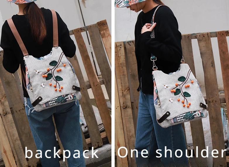 Zaino etnico Borsa a tracolla da donna in lino di cotone retrò Zaini multiuso femminili Borse da viaggio leggere per zainetto da ragazza