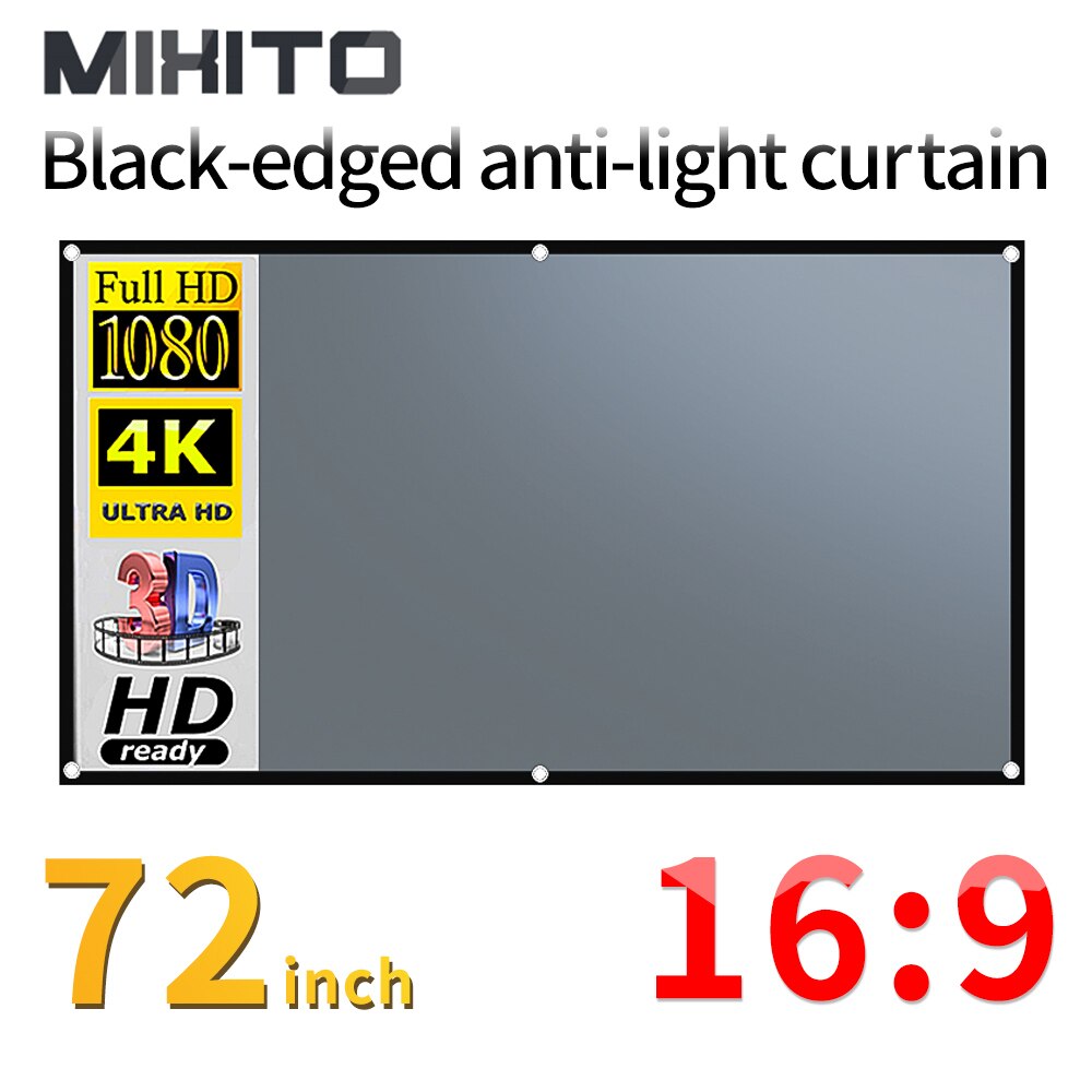 MIXITO Projector Lightproof Screen 72-Inch 16:9 HD 3D Portable Projection Screen With Hole Hook Outdoor Indoor Simple Screen