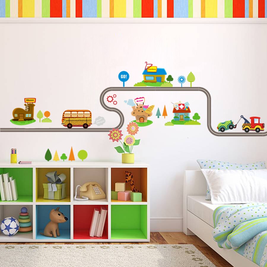 Cartoon McQ Racing road wall stickers for kids rooms nursery children's room decor on the wall car decals Child: Brown