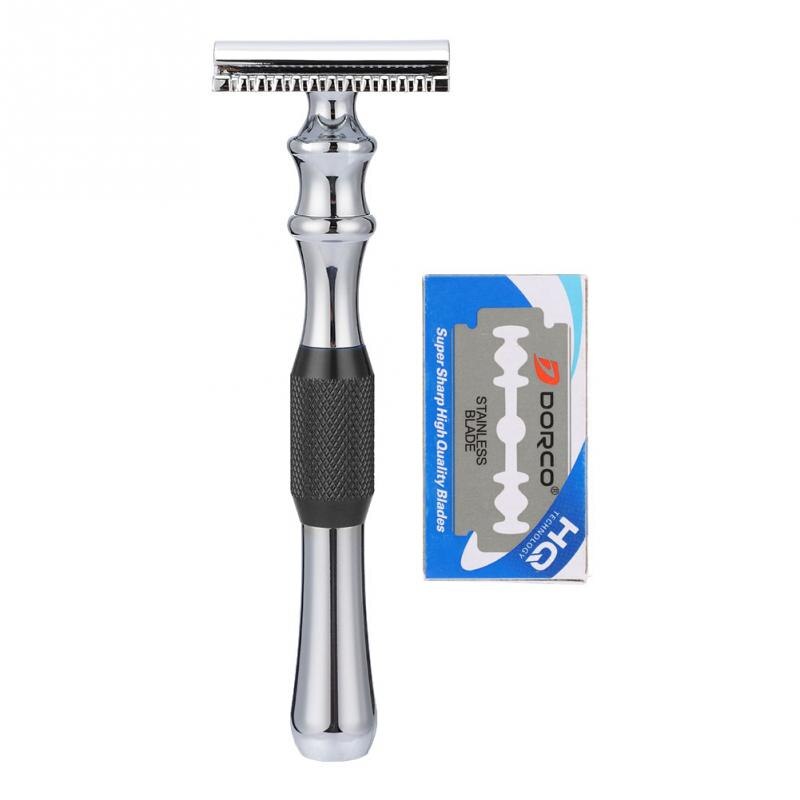 Men Safety Razor Anti-slip Stripe Handle Classic Double-Edged Shaving Razor Blade &amp; Base Manual Razor Shaving Tool Hair Remover