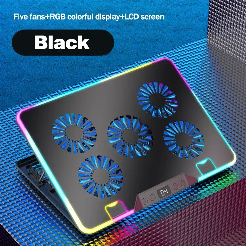F36 5-wentylatorowy stojak chłodzący do notebooka z wentylatorem 11-17,3-calowy, regulowany pod wieloma kątami uchwyt do laptopa do gier z 2 ekranami LED USB: Złota