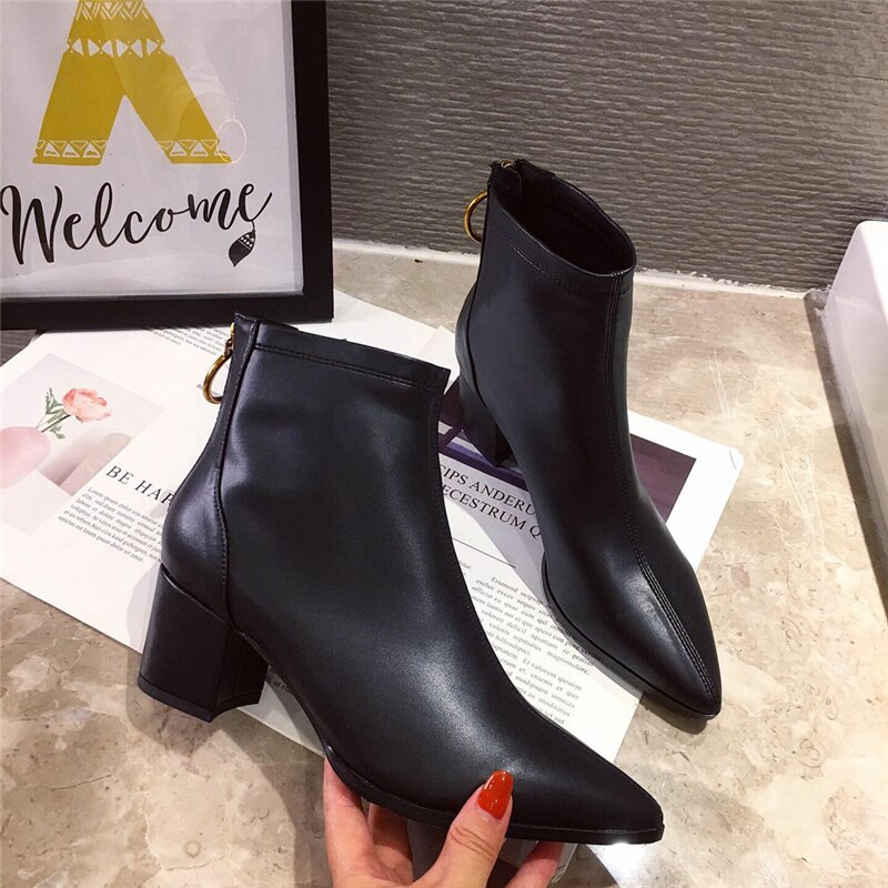 Winter luxe dames 5cm blok hoge hakken enkellaarsjes wit beige hakken leren korte laarzen western chelsea boots schoenen