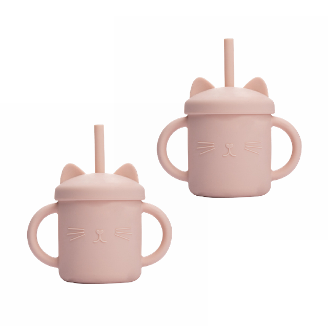 2PCS Baby Feeding Cups Silicone Drinkware Cute Cartoon Cat Sippy Cup For Toddlers Kids Sippy Cup Lids Solid With Handle Drinker: 2PcsPeach