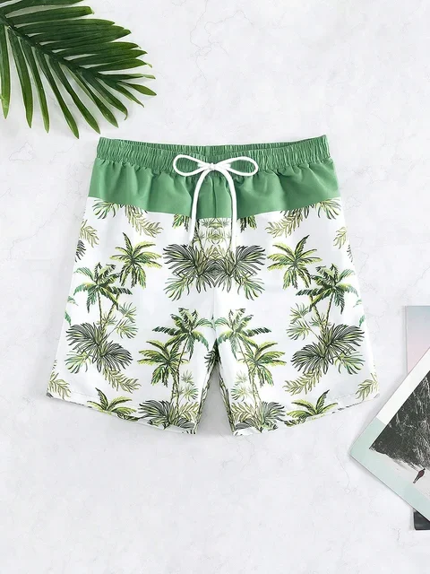 Calções de banho masculinos com estampa de coqueiro 3d, shorts de natação, verão, macio e respirável, poliéster, praia, surf: XXL / Preto