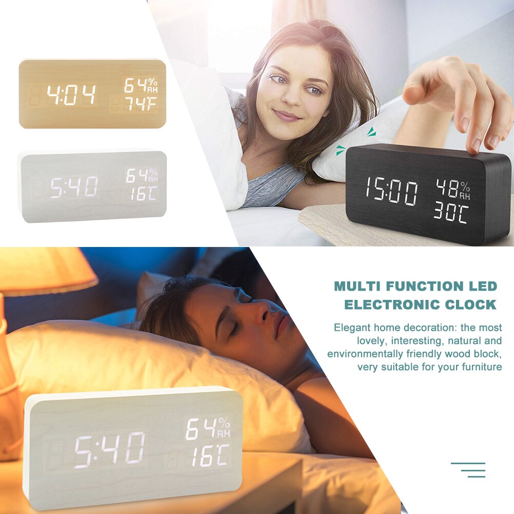 Multifunction Electronic LED Wooden Alarm Clock Digital Voice Control Temperature and Humidity Clock 15cm x 4cm x 7cm