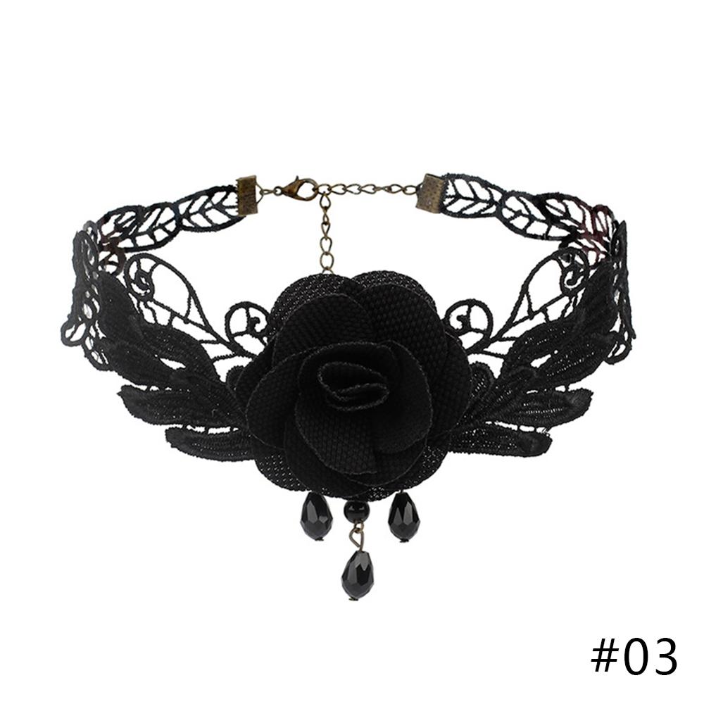 Gothic Lolita Black Lace Korte Keten Choker Sexy Kwasten Ketting Hollow Out Big Rose Flower Punk Handgemaakte Bruiloft Sieraden: 03