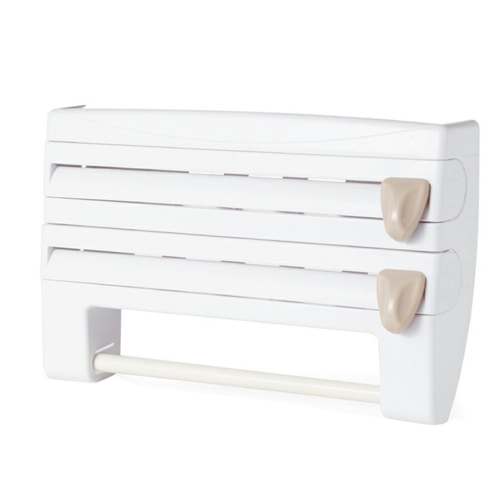 Étagère multifonction avec ruban adhésif double face, support de papier essuie-tout, coupe-film de conservation, outil distributeur: Blanc