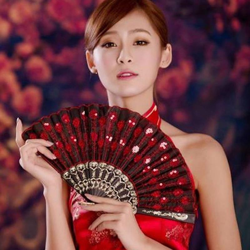 Silk Fan Folding Fan Wedding Art Peacock Sequin Dancing Fan Hand Held Fan