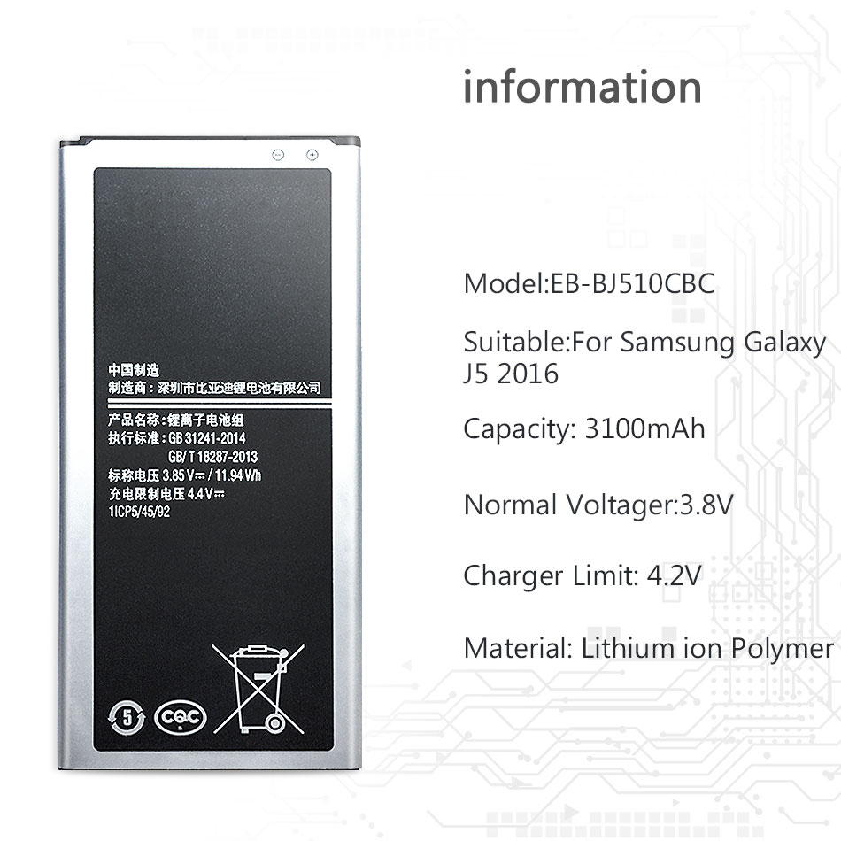 Bateria EB-BJ510CBE para samsung galaxy, bateria para samsung galaxy j5 2016 j510 j510f e samsung j1 j2 j3 j5 j7 2015 2016 2017 eb bi510cbe/bj120cbe