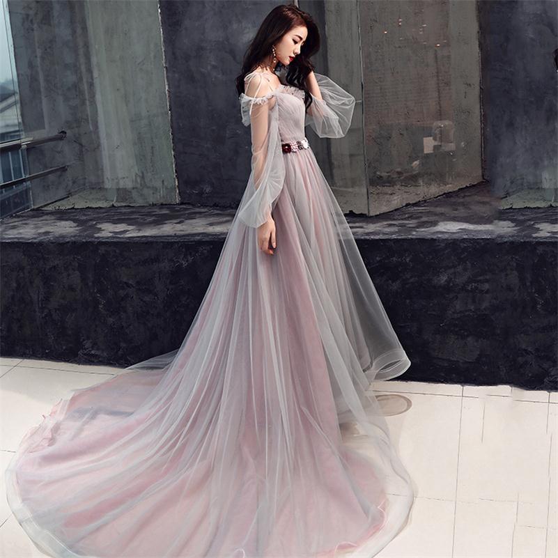 noble ladies long-sleeved trailing annual meeting hosted fairy dress sling long female banquet evening dress: Style  2 / XXL