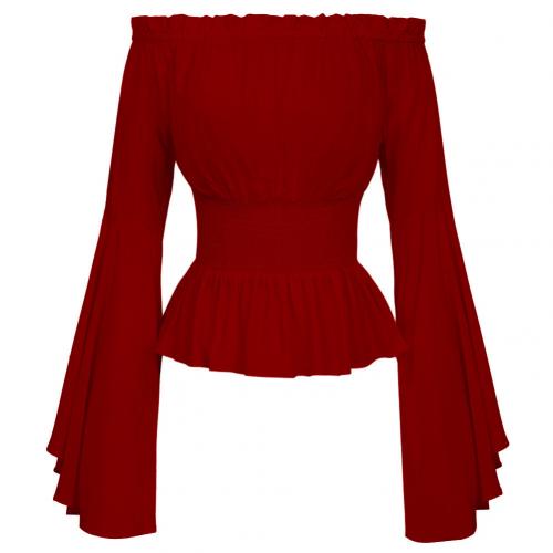 Women Medieval Renaissance Solid Color Bell Sleeve Ruffled Off Shoulder Blouse for Halloween