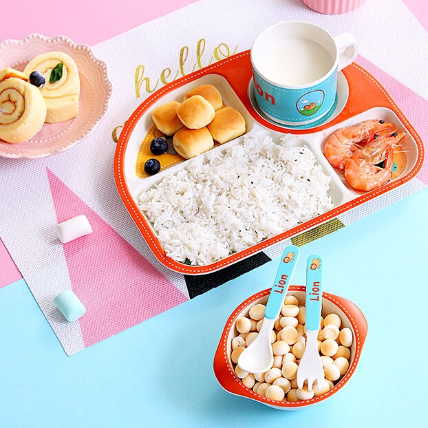 Bamboo Kids Dinnerware Set,Food Plate Bowl Cup Spoon Fork Dishware,Cartoon Tableware,Healthy Mealtime,Dishwasher Safe,BPA Free