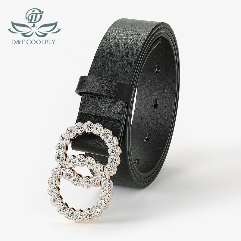 D &amp; T-Cinturón de para mujer, con dos círculos de diamante, hebilla decorativa, Material de cuero PU, cintura de estilo informal para mujer