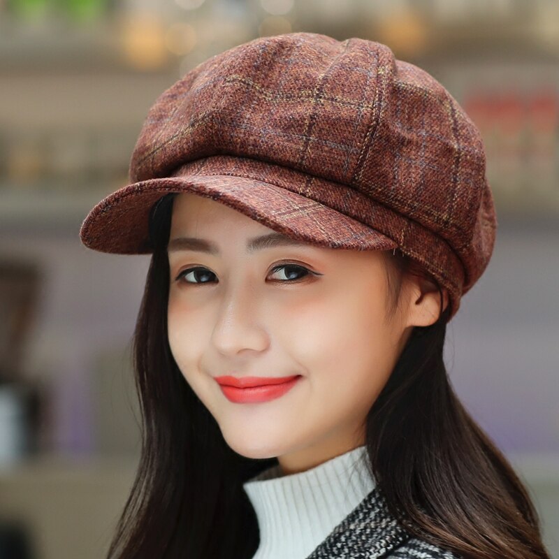 Newsboy Cap Women Autumn Winter Octagonal Caps Artist Painter Hats For Women Men Beret Peaked Cap Female Male Vintage PLaid