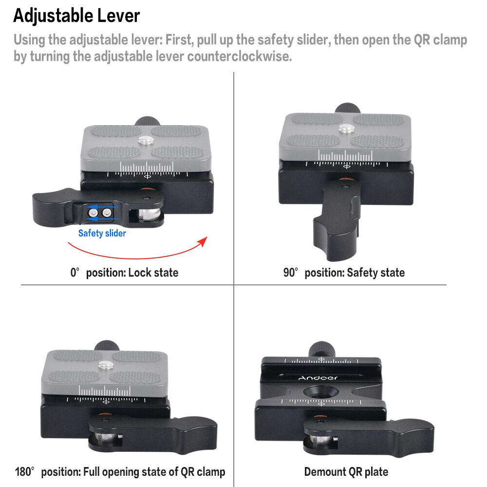 Andoer cl -50ls snabbkopplingsklämma justerbar spak knopp-typ 1/4 &quot;&amp; 3/8 &quot; hål för arca swiss quick release plate kulhuvudstativ