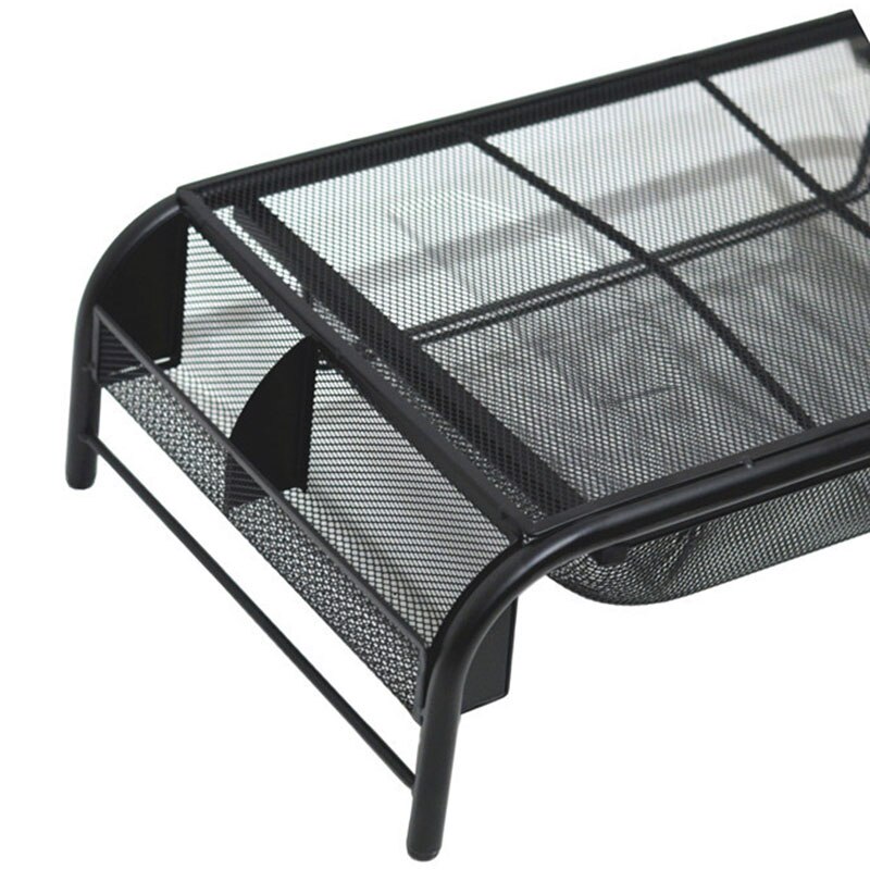 Mesh Monitor Stand, Computer Desk Mat, with Pull-Out Drawer and Side Compartments, Desktop Storage, Black