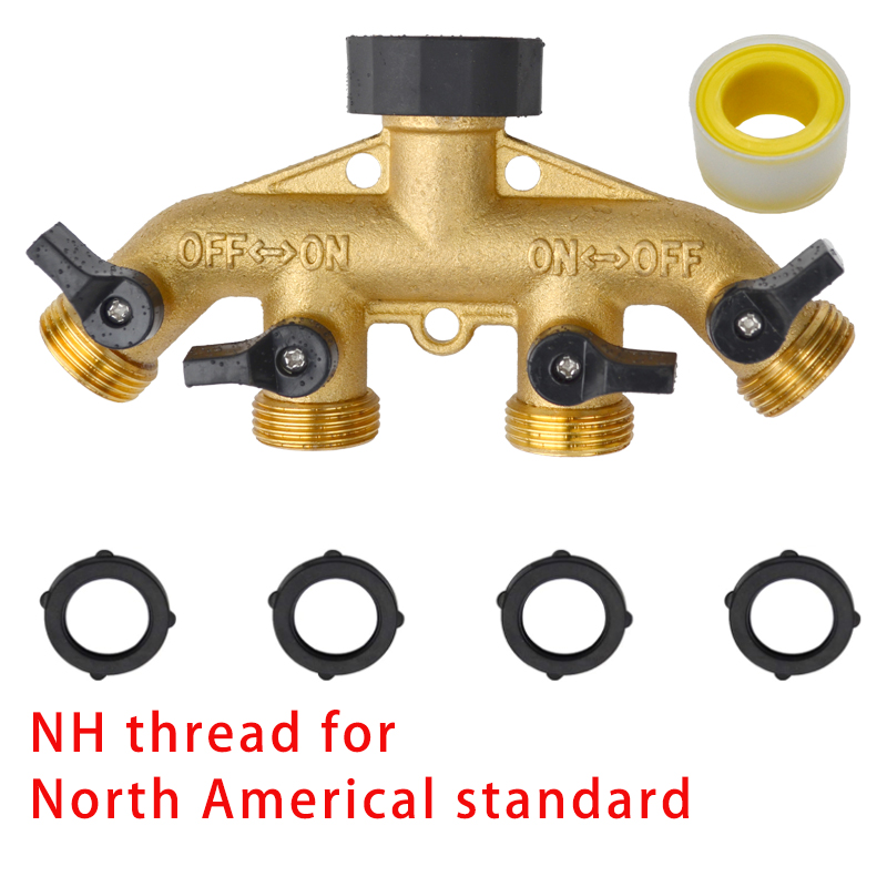 3/4"Heavy Duty Brass Garden Hose Splitter Hose Connector Spigot Adapter with 4 Valves Hose Bib Splitter Outdoor Faucet Splitter: Silver