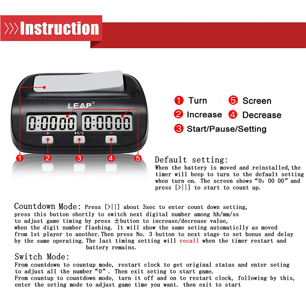 LEAP Chess Clock Digital Count Down Chess Timer Board Games Bonus Competition Master Tournament with Alarm Function