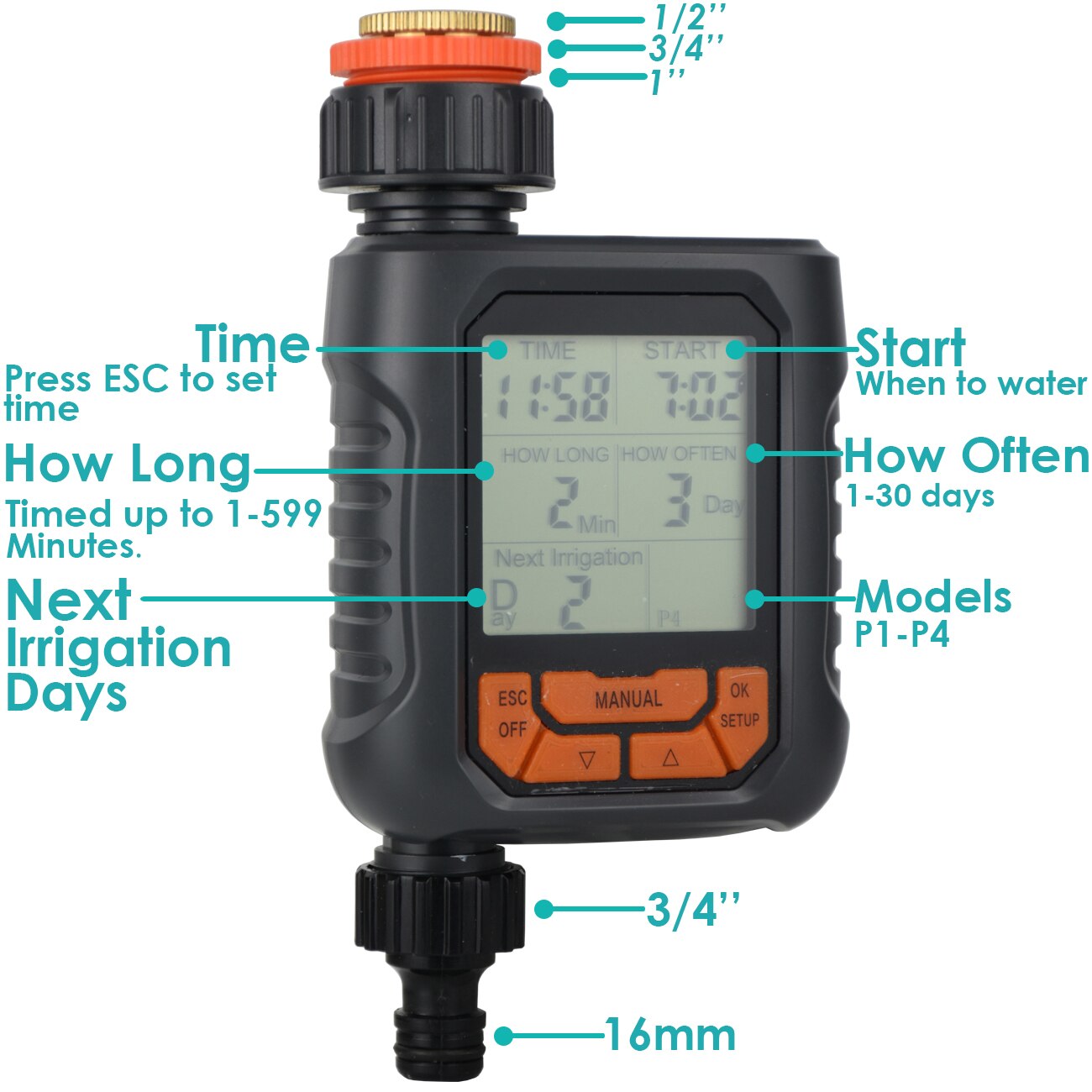 Temporizador de agua para aspersor de jardín, temporizador Digital programable automático, resistente al agua IP65 para sistema de riego de césped, controlador de riego