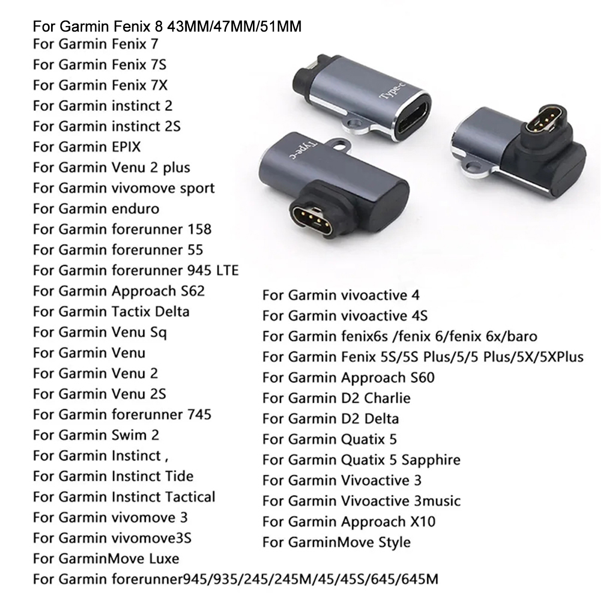 Adaptateur de charge pour Garmin Fenix 8 7 7X 6 6S 5 5X Venu 2S Vivoactive 3 4 Type C/Micro USB iOS Marq, convertisseur de station de chargeur de montre