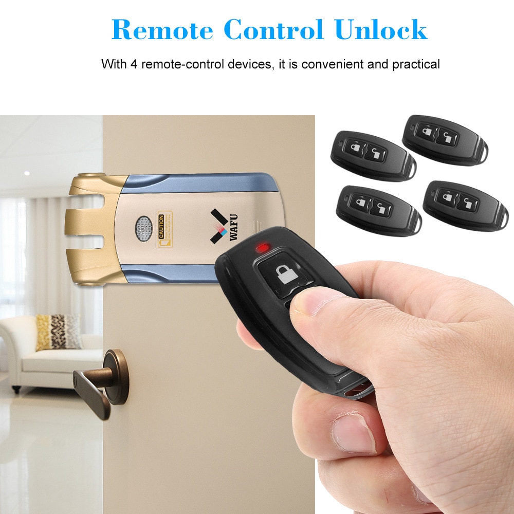 Wafu-cerradura inteligente de WF-018, cerrojo de Control remoto inalámbrico de seguridad, Invisible, sin llave, para puerta, aleación de Zinc, Metal, con 4 llaves remotas