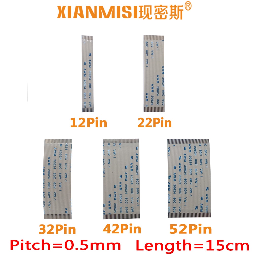 FFC/FPC Flat Flex Ribbon Cable 12Pin 22Pin 32Pin 42Pin 52Pin Same Side 0.5mm Pitch AWM VW-1 20798 80C 60V Length 15cm 5PCS