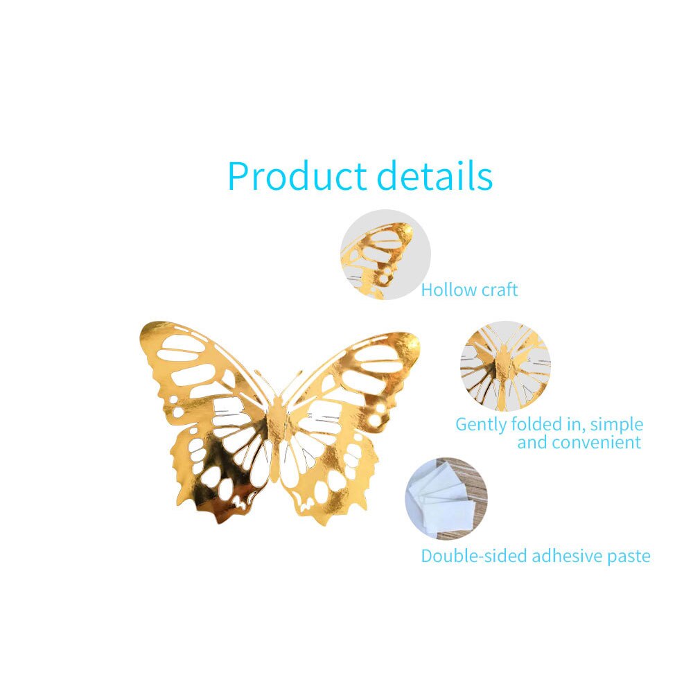 Autocollants muraux 3D ajouré papillon | 12 pièces, accessoires de décoration de maison, miroir décoratif argenté de stéréo