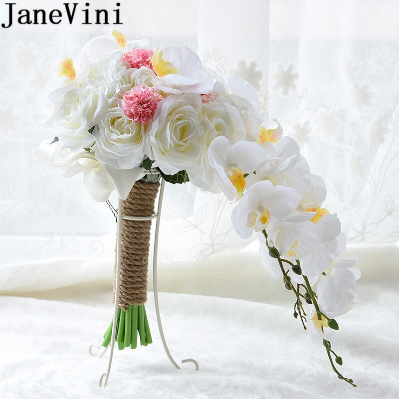 JaneVini Witte Orchidee Waterval Bruidsboeket Roze Kunstmatige Bruid Bedrijf Bloemen Bruids Zijde Bloem Boeket Rozen
