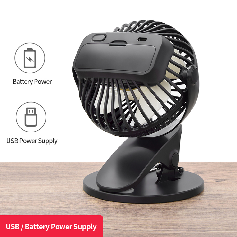 360° Rechargeable USB Clip On Mini Desk Fan Black Portable Table-Top Fan Fully Adjustable Head Quiet for Office Home