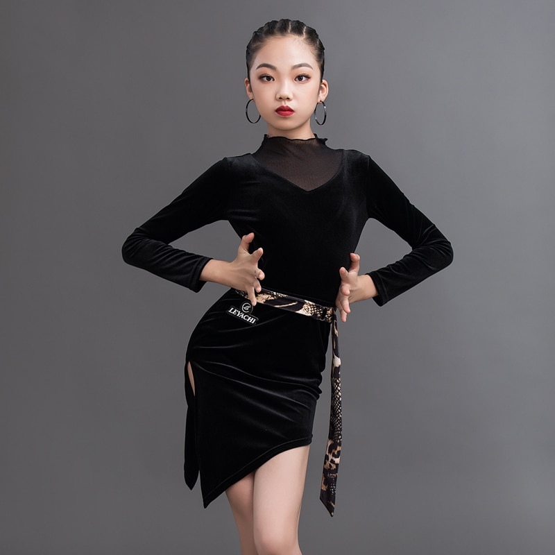 nueva ropa de entrenamiento de Danza Latina Vestido de manga larga para niñas traje de baile latino para niños vestido de competición DQS5622