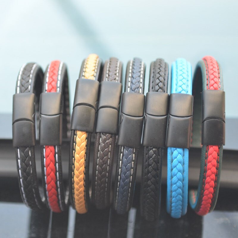 handgefertigt Geflochtene Schmuck Geometrische Kontrast Farbe Paar Leder Edelstahl Magnet Verschluss Armbinde
