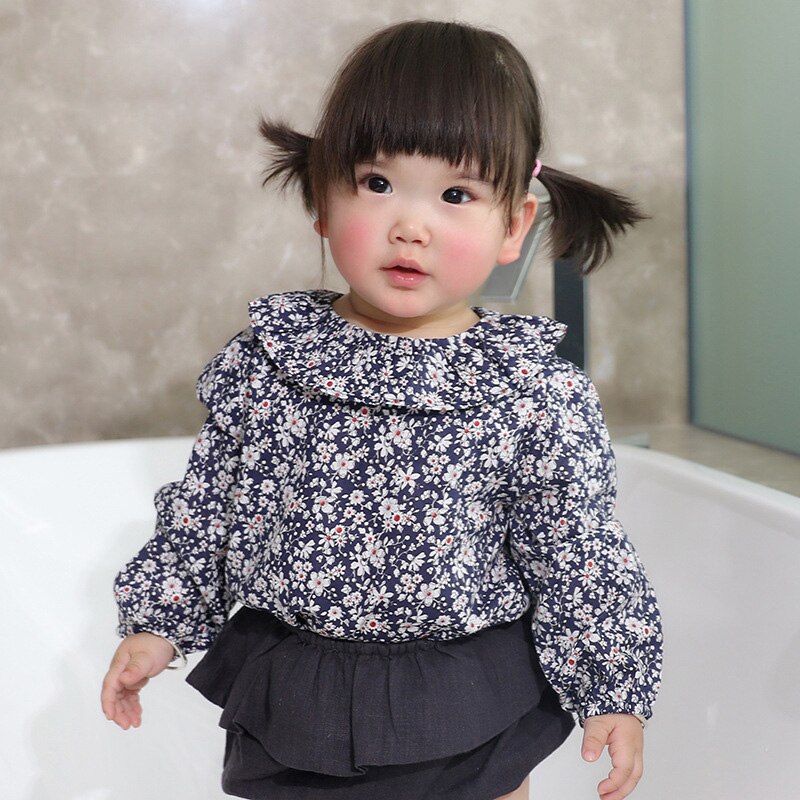 Leuke baby meisjes lange mouw revers bloem revers baby suites lente zomer navy shirt stuk kleding baby peuter jurk