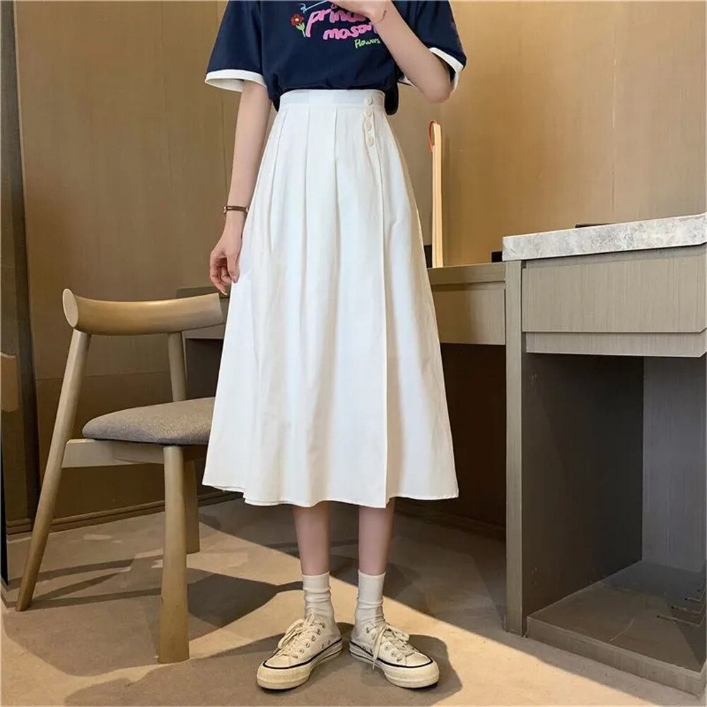 Letnia jednokolorowa plisowana spódnica wysokiej talii guziki żółte niebieskie białe długie spódnice damskie koreańskie Casual dzikie spódnice trapezowe Streetwear: WHITE / XL