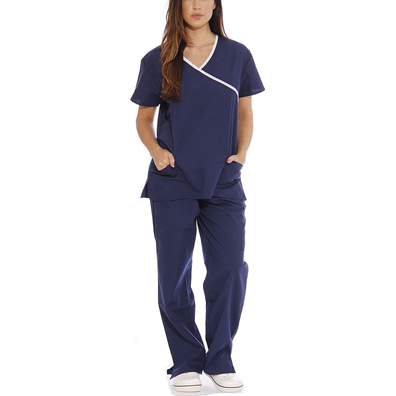 Nurse Uniform Set Women Short Sleeve V-neck Tops+pants Nursing Working Uniform Set Suit Dentista T Shirt Women Scrubs Women: Navy  / L