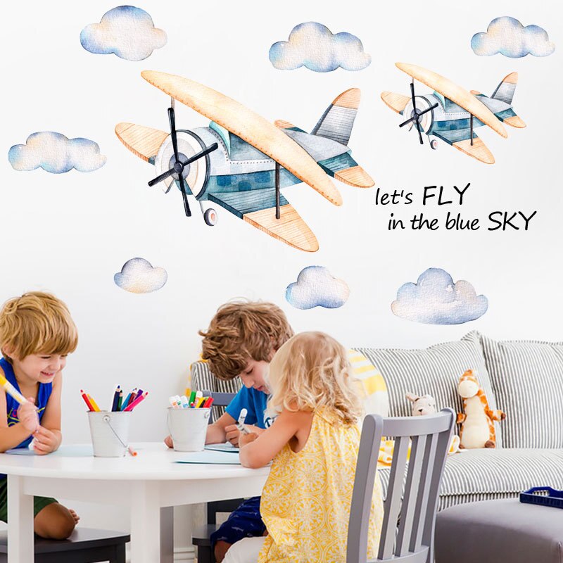 Tecknad liten flygplan väggklistermärke söt vit moln tapet låt oss flyga i den blå himlen väggdekal för barnens vardagsrum inredning