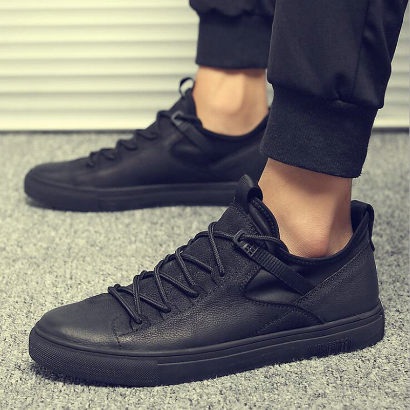 male casual shoes all Black Men's leather casual Sneakers Black white flats shoes LH-57