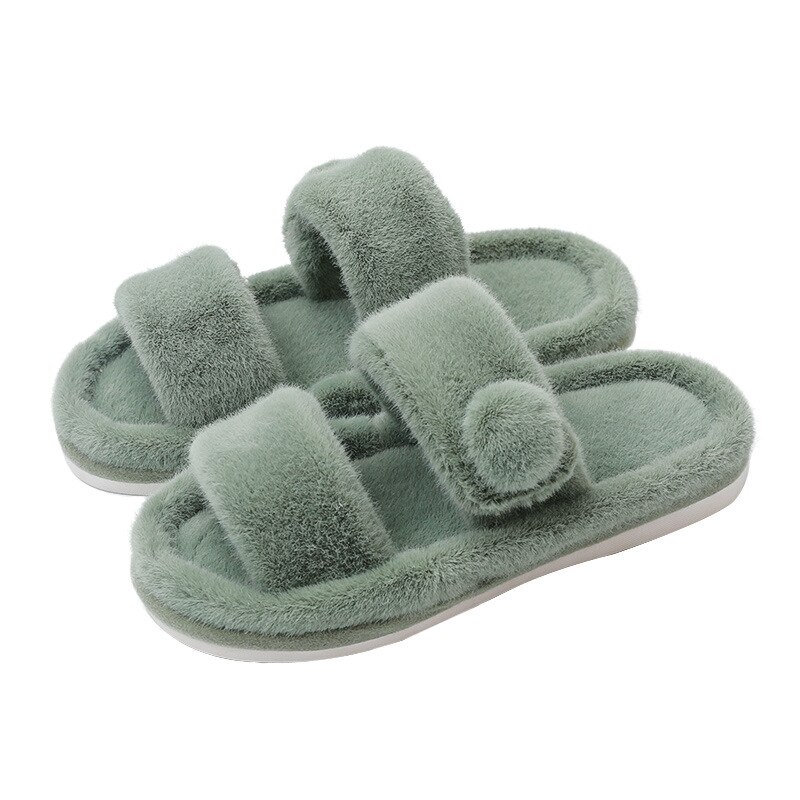 Winter Huis Effen Bont Slippers Voor Vrouwen Slaapkamer Warm Pluche Dames Platte Schoenen Comfortabele Indoor Vrouwen Furry Slipers: Green / 37