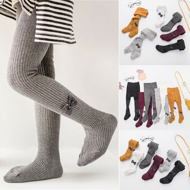 0-24M Girls Kids Tights Pantyhose Solid Cotton Bow Knitted Winter Warm Tights Party School Leg Warmers