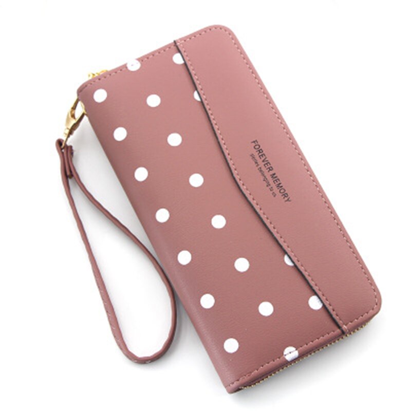 Vrouwen Lederen Lange Portemonnee Rits Party Telefoon Zak Kaarthouder Portemonnee Polka Dot Hand Holding Beste -WT: dark pink