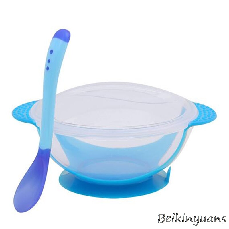 Bol à ventouse antidérapant pour enfants, cuillère à induction de température, fourchette pour enfants, formation, vaisselle antidérapante: Blue spoon bowl