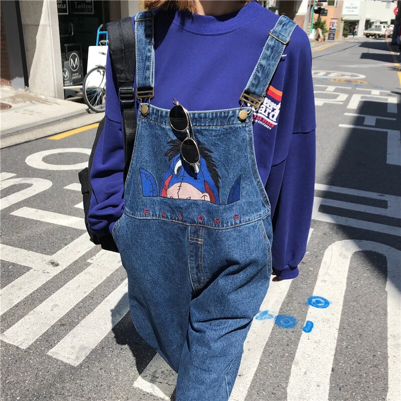 Monos de mezclilla para mujer, peto grueso de invierno, versión coreana de los modelos de estudiantes salvajes, mono de dibujos animados, pantalones vaqueros informales de nueve puntos