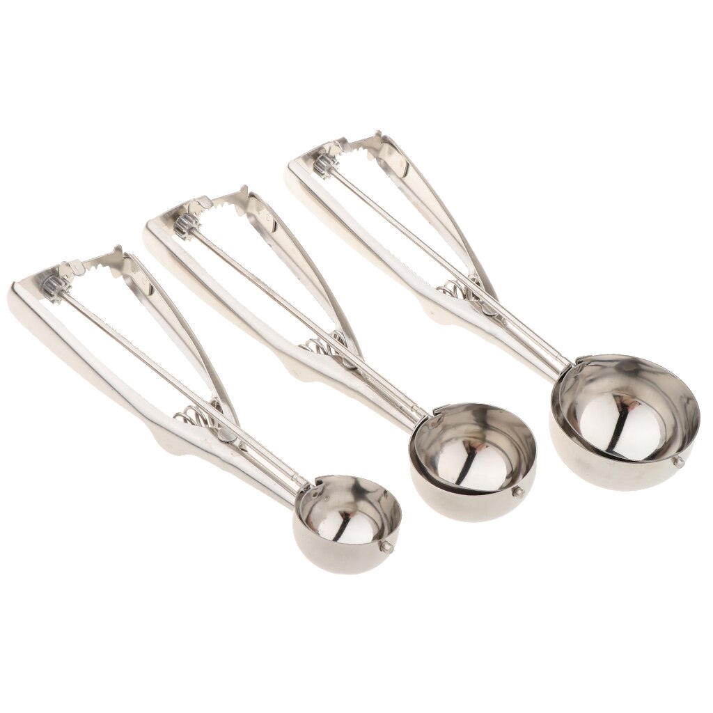 3x Stainless Steel Ice Cream Mashed Potato Cookie Scoop Spoon Spring Handle