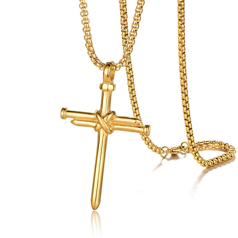 Cross Necklace Men Punk Nail Styling Pendant Black Gold Silver Color Chain Necklace: Gold