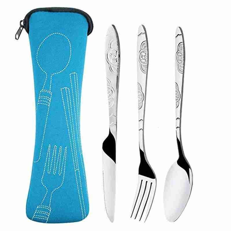 Cuchillos de acero con tenedor y cuchara para viaje familiar, conjunto de cubertería portátil con bolsa de almacenamiento, 4 Uds.