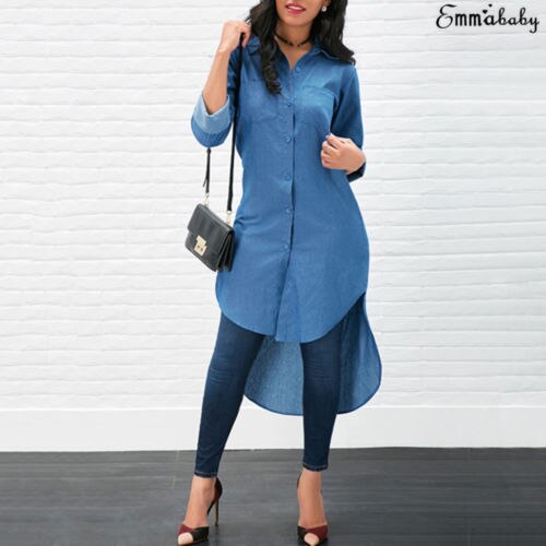 Nova moda feminina denim camisa azul manga longa blusa solta senhora casual jean blusa camisas verão outono camisa longa: Azul / M